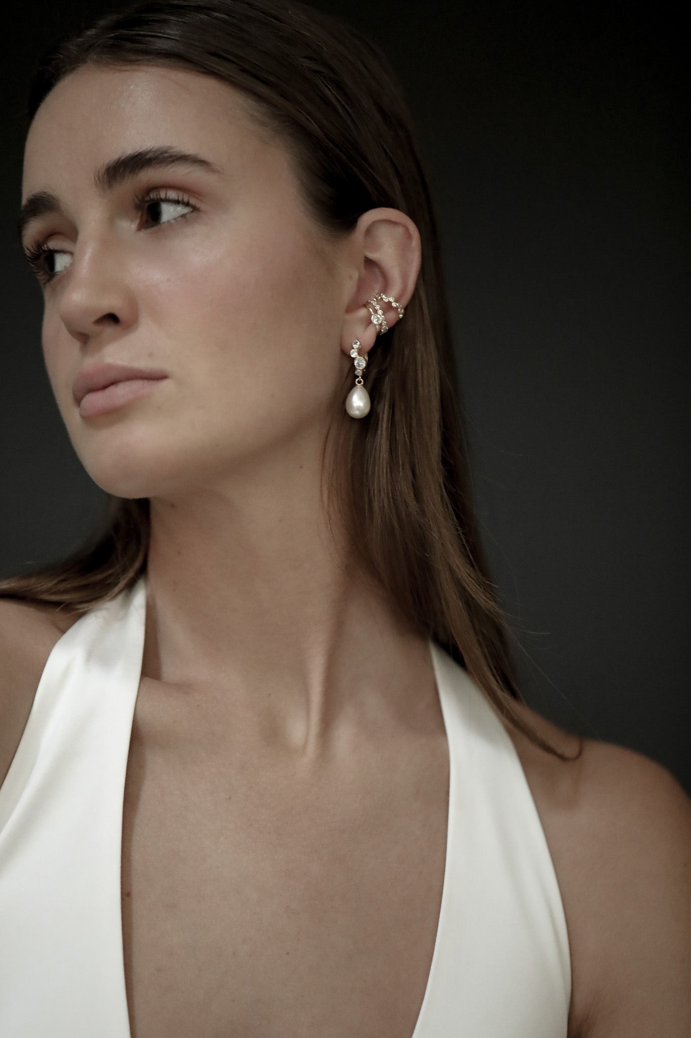 Stacked Bezel Pearl Hoop Drop Earrings