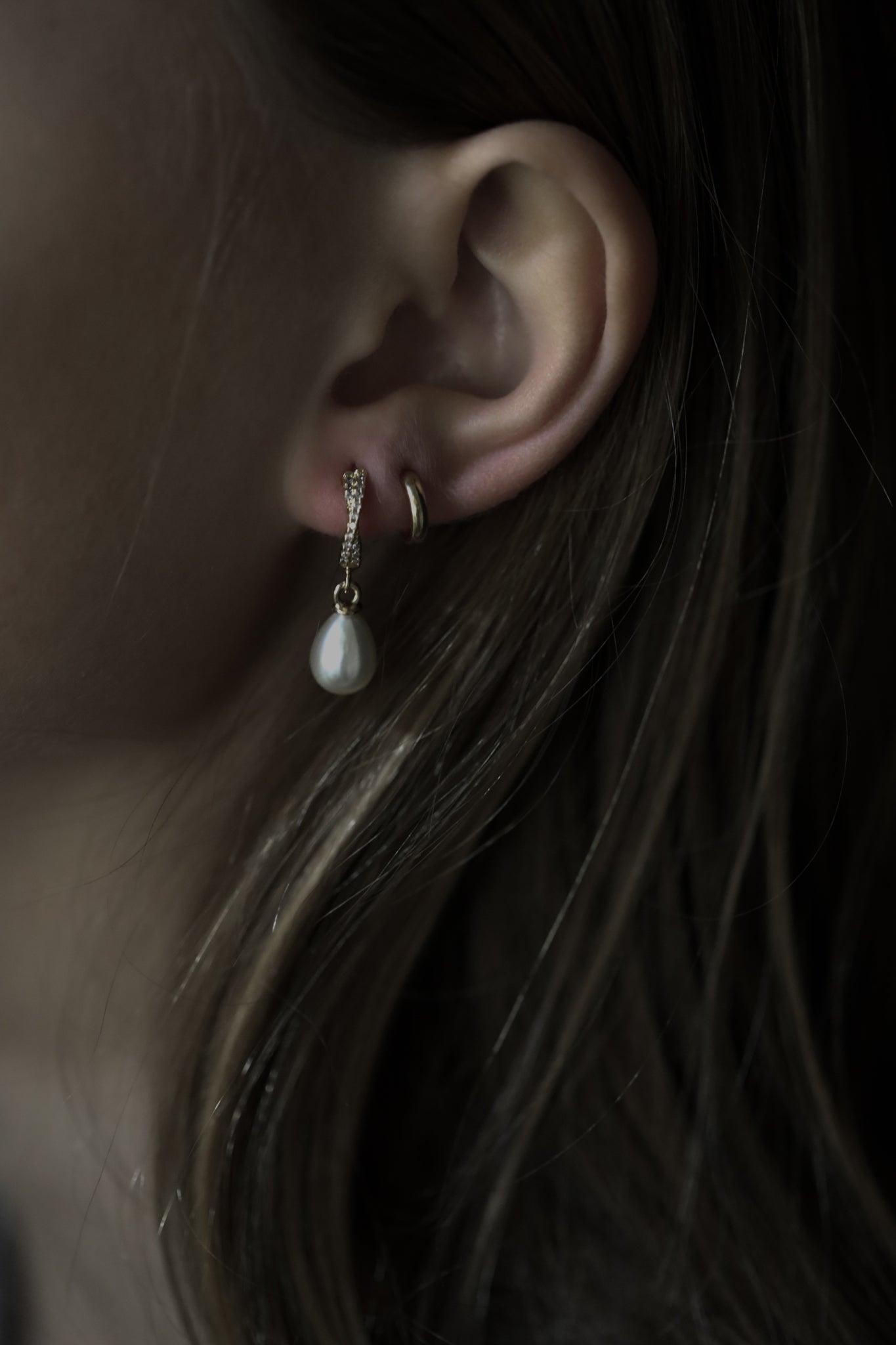 Crossed Pave Hoop Pearl Drop Earrings