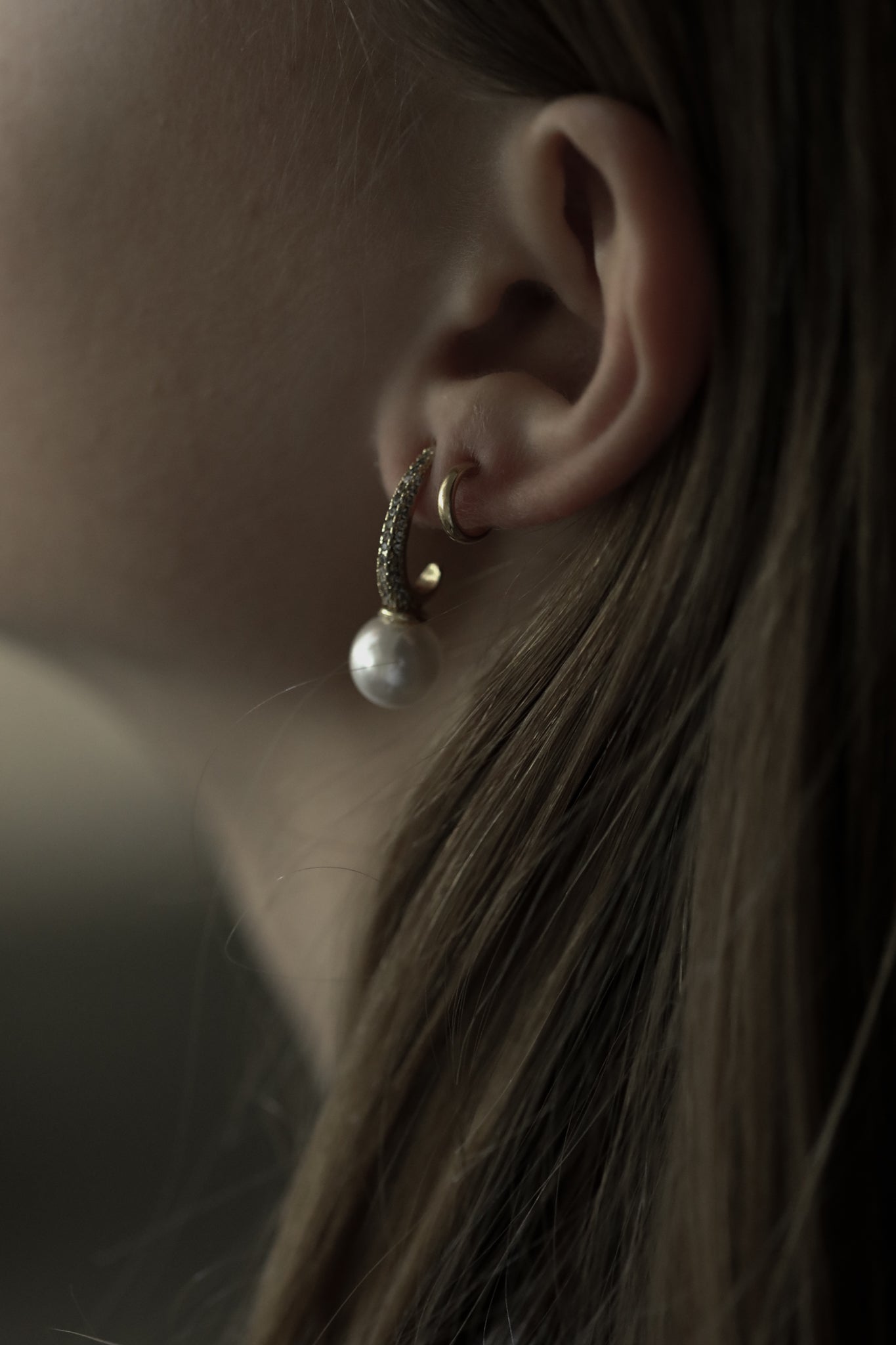 Oblong Pave Hoop Pearl Drop Earrings