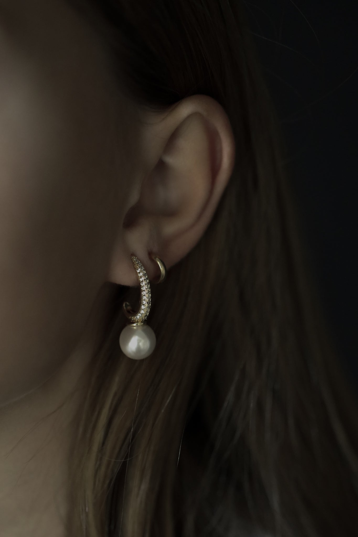 Oblong Pave Hoop Pearl Drop Earrings