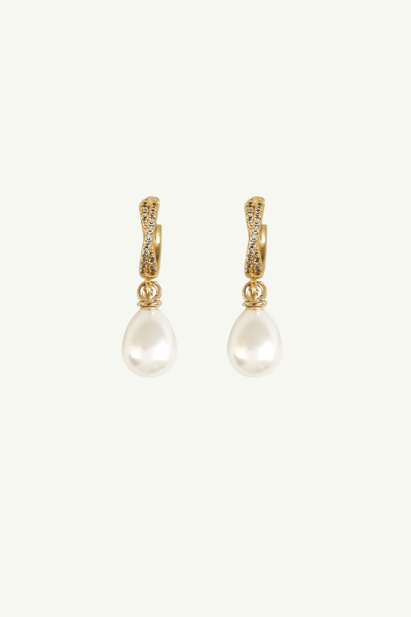 Crossed Pave Hoop Pearl Drop Earrings