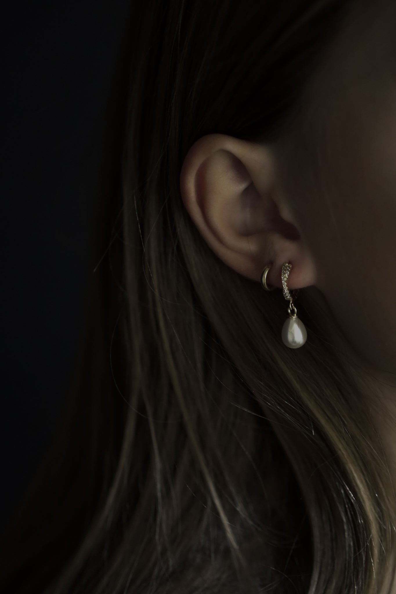 Crossed Pave Hoop Pearl Drop Earrings