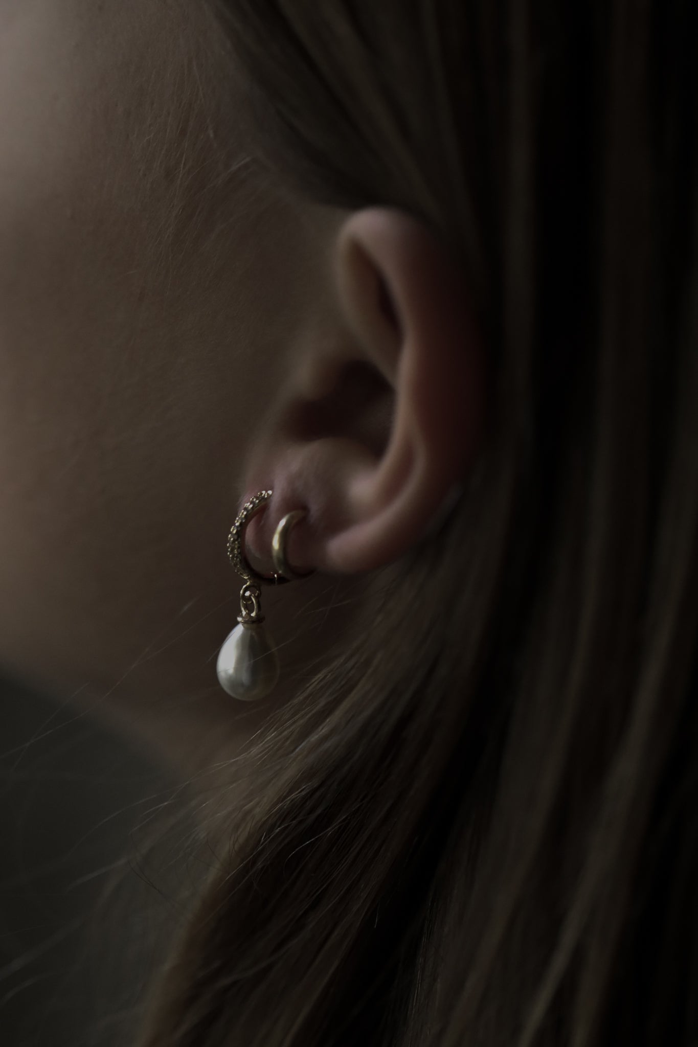 Crossed Pave Hoop Pearl Drop Earrings