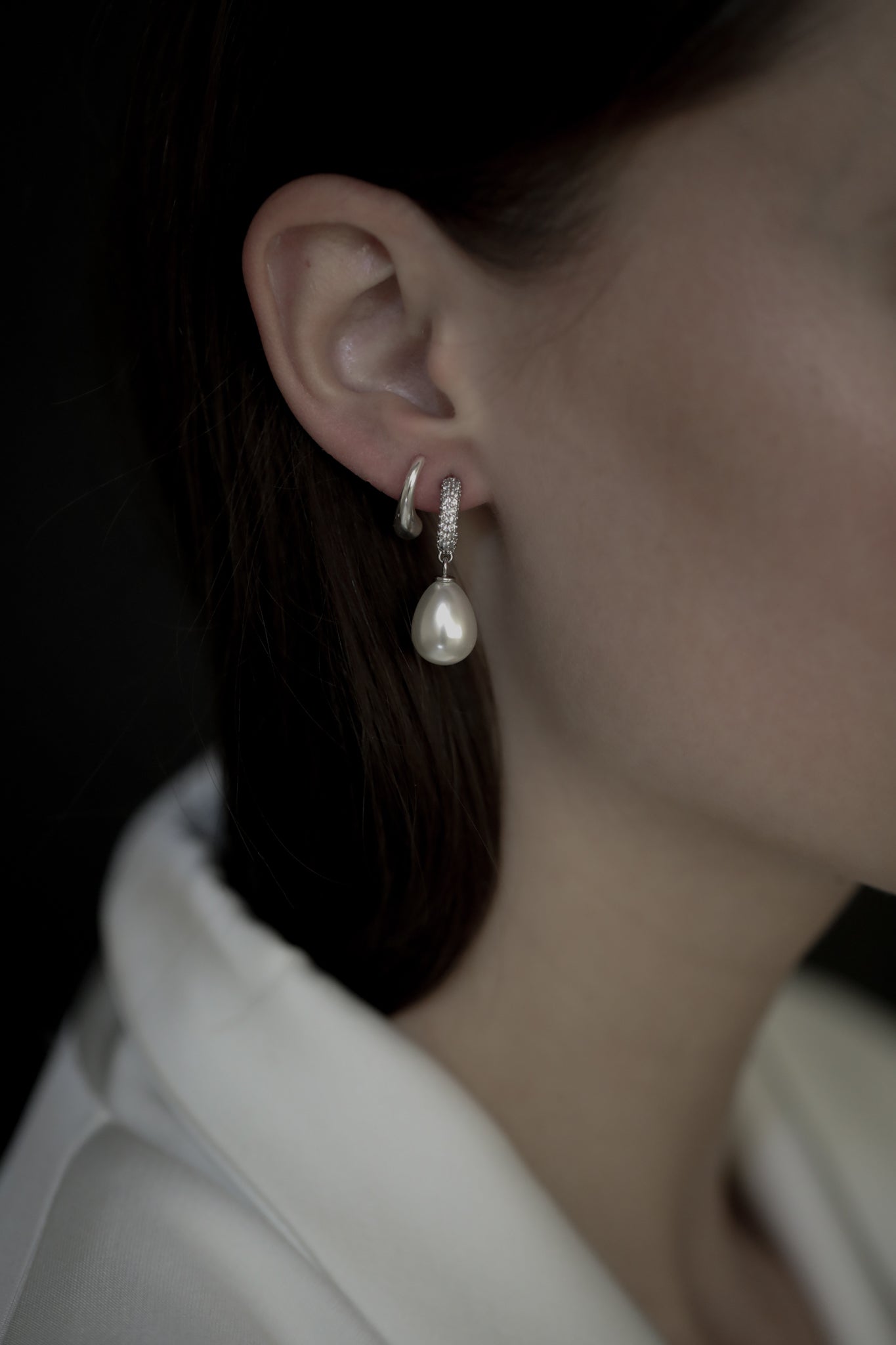 Pave Hoop Pearl Drop Earrings