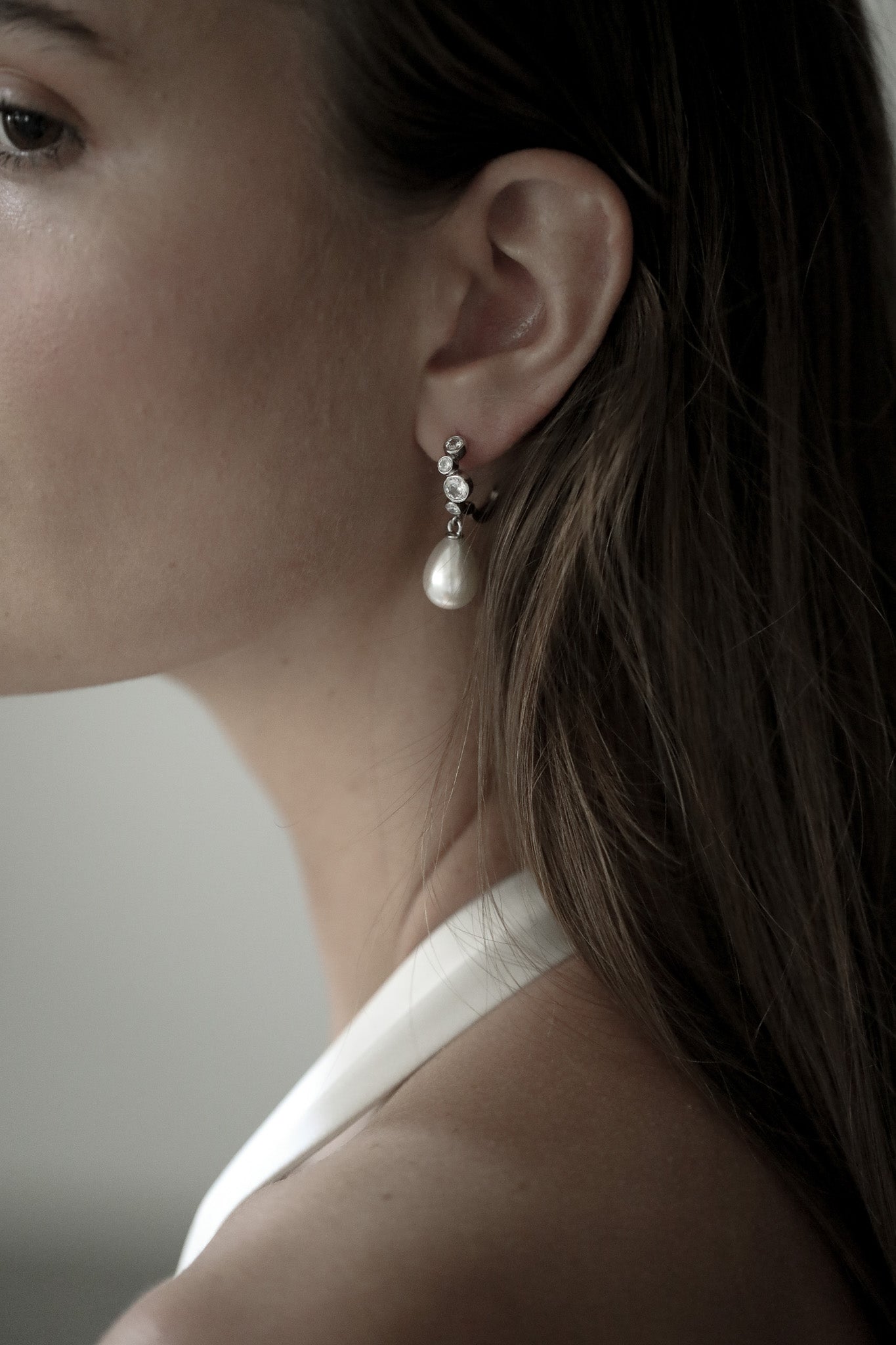 Stacked Bezel Pearl Hoop Drop Earrings