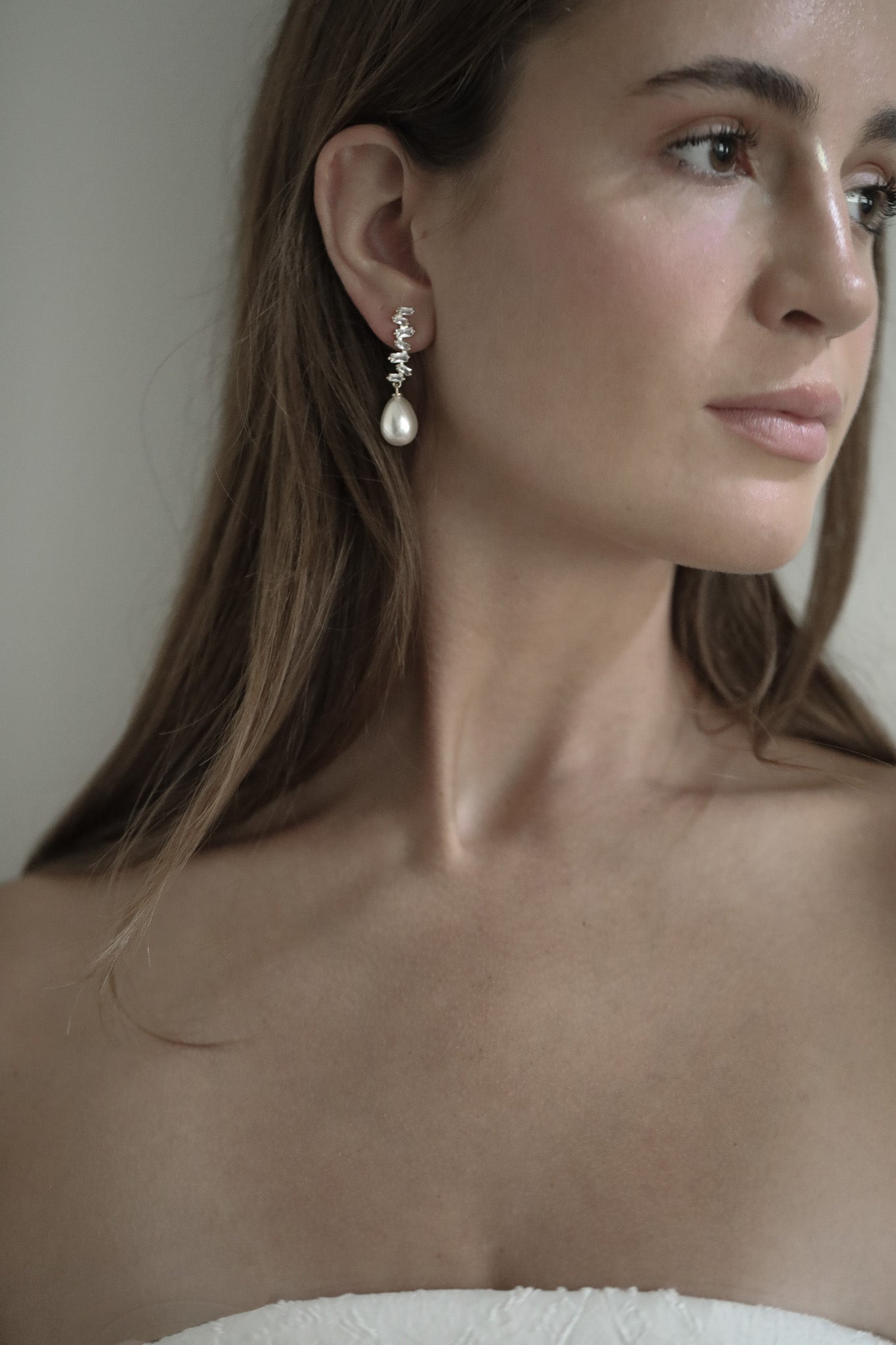 Stacked Baguette Pearl Dewdrop Earrings